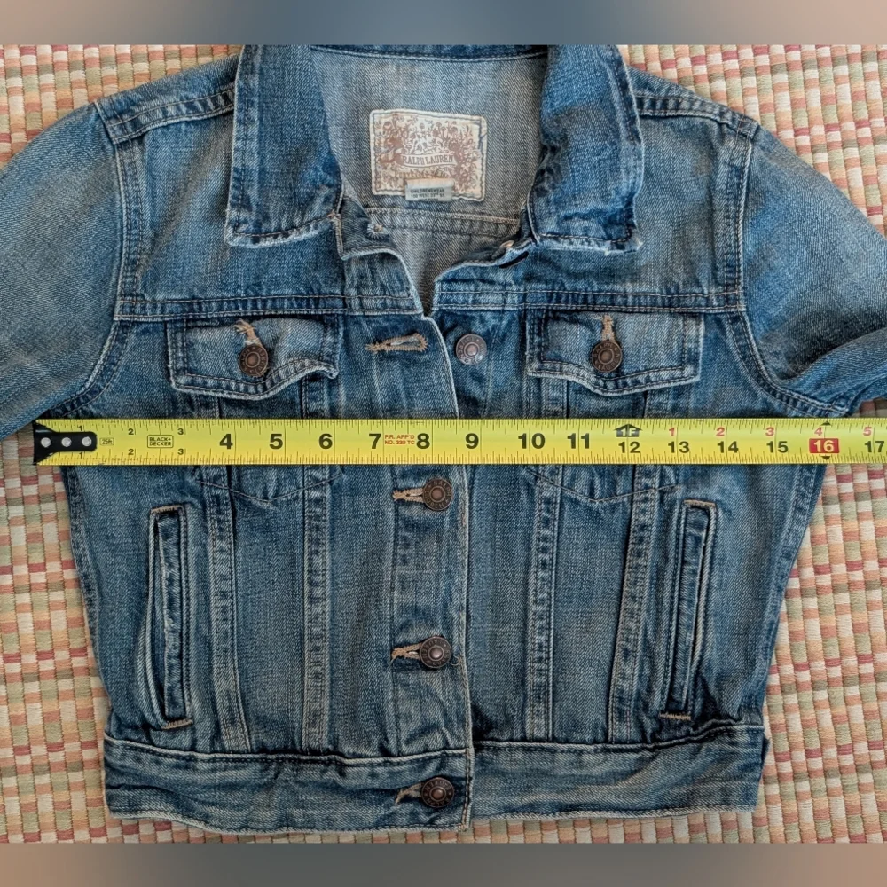 Ralph Lauren Girls Blue Denim Cropped Jean Jacket Patchwork Distressed